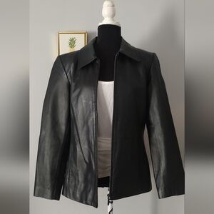 Leather Jacket Womens Black Worthington Lambskin Coat Medium pockets good condit